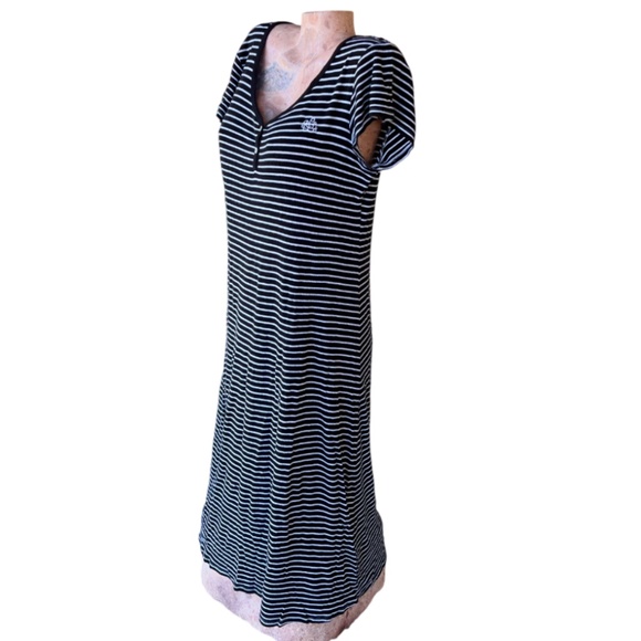 Short Sleeve Cotton Black & White Stripe Long Maxi Casual Dress - Picture 6 of 10